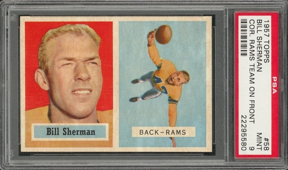 1957 Topps Football #58 Willard Sherman/Cor. Rams Team on Front – PSA MINT 9